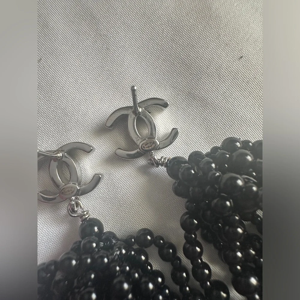 CHANEL Silver CC Black Beaded Tassel Drop Earrings